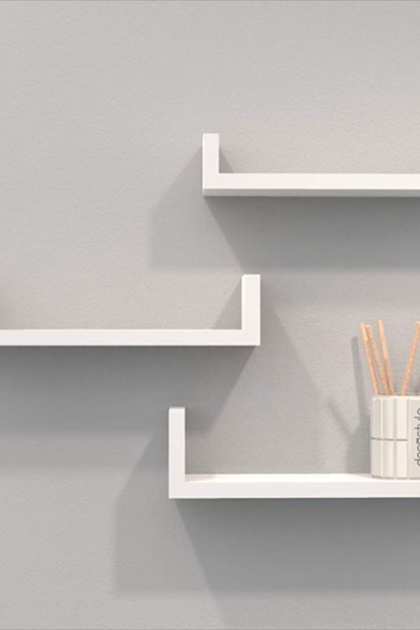 Industrial Wall Shelves, Living Room Decoration Ideas, White Wall Shelves, Floating Shelves Bedroom, Shelves Design, Shelf Modern, Room Decoration Ideas, Wall Shelving, Corner Wall Shelves