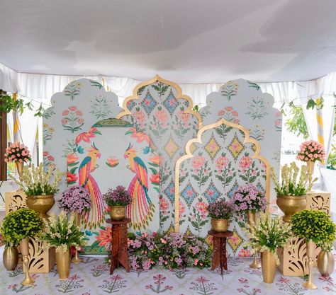 Embracing the printed arched prints inspired from traditional jaipur+pichwai gathered around with pastel flowers 🌸 Designed and curated… | Instagram Haldi Backdrop, Small Wedding Decor, Mehendi Decor Ideas, Decoration For Ganpati, Ganpati Decoration Design, Personalized Wedding Decor, Mandap Decor, Desi Wedding Decor, Wedding Planning Decor