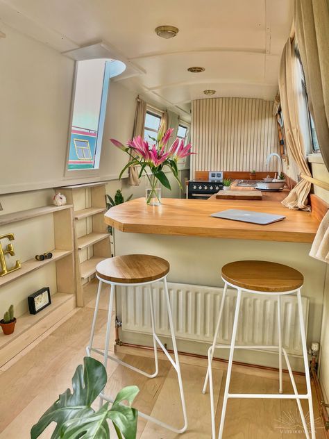 Bar Seating Area, Narrowboat Kitchen, Barge Interior, Canal Boat Interior, Kitchen Breakfast Bar, Narrowboat Interiors, Boat Interior Design, Boat House Interior, Boat Decor