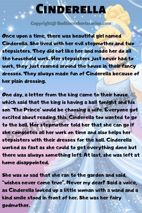 Long Story, Bed Time Stories, Story Book, Cinderella Story For Kids, Small English Story, Cinderella Short Story, Cinderella Story Quotes, Short Story For Kids Reading 1st Grades, Fairy Tale A True Story