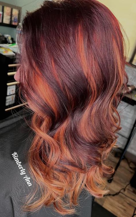 Burgundy Hair Copper Highlights, Copper Rainbow Hair, Auburn Ombre Hair Copper, Copper And Burgundy Hair, Burgundy And Copper Hair, Burgundy Bayalage Hair, Burgundy Copper Hair, Copper Bayalage, Blonde 2023