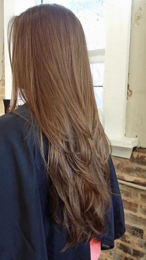 Brown Hair Colors Long Layers, Brunnete Long Hair Aesthetic, Straight Long Brown Hair With Layers, Triangle Layers Haircut Long Hair, Layers Brown Hair Long, Blonde Long Layers Straight, Layers For Long Brown Hair, Strait Layered Hair, Layers For Long Hair Brown