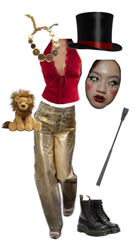 gold jeans red top lion Circus Master Costume, Lion Tamer Halloween Costume, Circus Ring Master, Circus Master, Lion Tamer Costume, Circus Ring, Ring Master, Lion Tamer, Circus