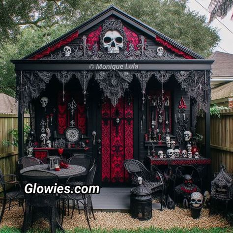 Gothic Shed, Victorian Gothic Home Decor, Gothic Interior Design, Shed Tiny Home, Red Goth, Gothic Interior, Gothic Furniture, Goth Home, Goth Home Decor