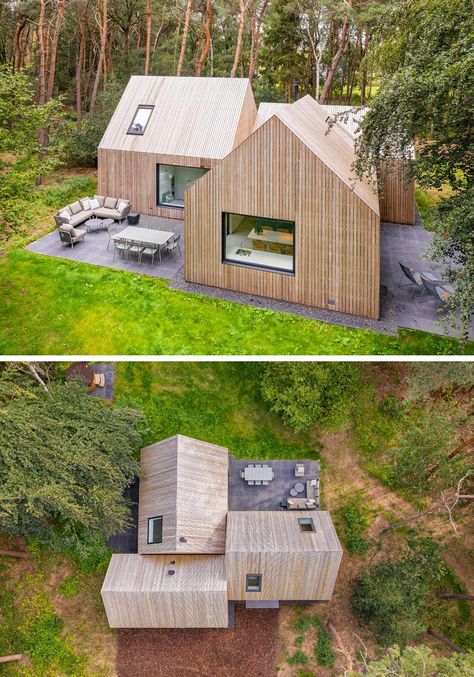 This Modern Cabin Has Both The Roof And Siding Entirely Covered By The Same Wood T Shaped House, Architecture Roof Design, Modern House In The Woods, Small Building Design, Small Wooden House Design, A Shape House, Wood Villa, Furniture Names, Modern Wood House