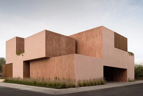 pink concrete 'tetris' volumes compose jorge garibay's mexico house Brutalist House, House In Mexico, Pink Concrete, Houses In Mexico, Mexico House, Square Windows, Concrete Texture, Wood Panel Walls, Good House