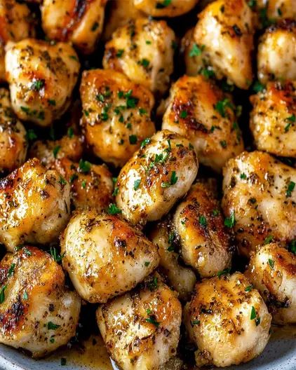 Sautéed Garlic Butter Chicken Bites with Fresh Herbs - optimal recipes Glazed Chicken Bites, Garlic Butter Chicken Sides, Maple Glazed Chicken Bites, Chicken Breast Bites Recipes, Cajun Chicken Bites, Chicken Garlic Butter, Easy Garlic Butter Chicken, Sauteed Chicken Recipes, Honey Garlic Chicken Bites