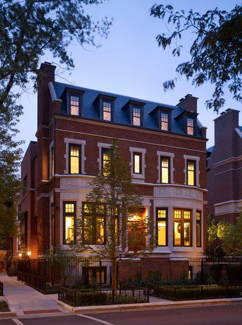 This sophisticated Lincoln Park home is all about casual family living French Style Architecture, Chicago House, Chicago Neighborhoods, Bay Windows, Lincoln Park, Park Homes, Exterior Brick, Family Living, Bay Window