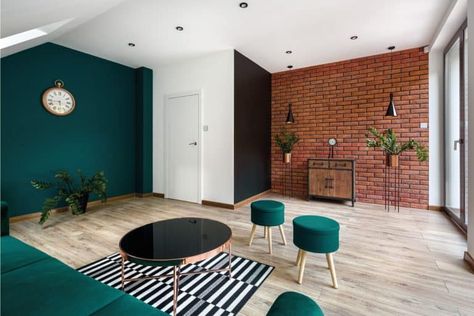 23 Eye-Catching Green Living Room Ideas - Home Decor Bliss Red Brick Living Room, Red Brick Interior, Brick Wall Living Room, Pintu Interior, Brick Living Room, Light Green Walls, Brick Interior Wall, Accent Wall Colors, Tile Cladding