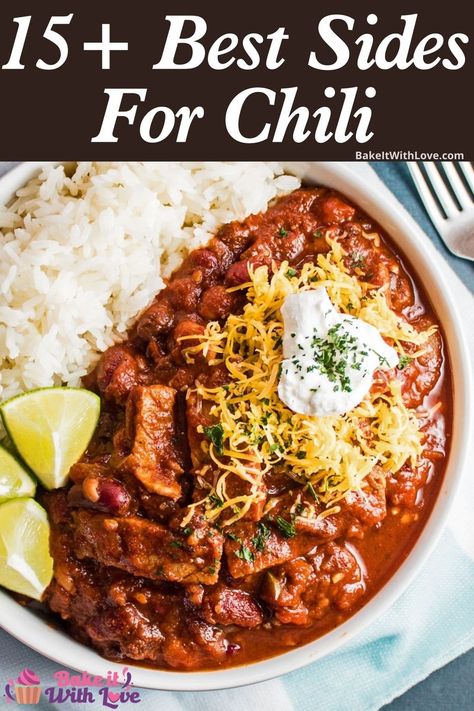 My suggestions for what to serve with chili at family get-togethers, pot lucks, cookouts, or any occasion! Whether you cook it with beans or no beans, there are a variety of options that will compliment your favorite chili recipe perfectly! BakeItWithLove.com #bakeitwithlove #whattoservewith #chili #dinner #sidedishes #menu What Goes With Chili Dinners, Chili Menu Ideas Parties, Foods That Go With Chili, Side Dish With Chili, Chilli Dinner Ideas, What Goes Well With Chili, What Goes With Chilli As A Side, Chili Dinner Side Dishes, Sides To Serve With Chili