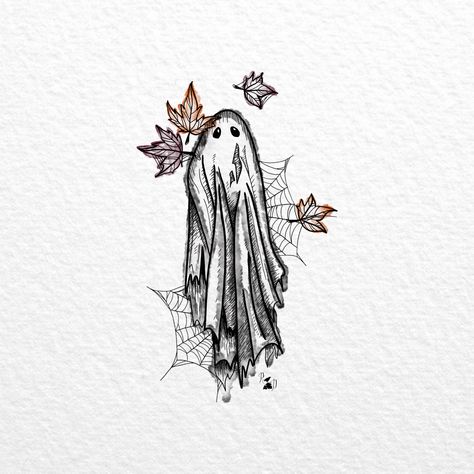 Samhain Tattoo Ideas, Autumn Aesthetic Tattoo, Fall Themed Tattoos Sleeve, Spooky Fall Tattoos, Small Fall Tattoos, Fall Tattoo Ideas Autumn Black And White, Ghost Tattoos Halloween, Halloween Fall Tattoo, Spooky Ghost Tattoo