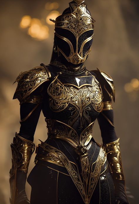 Black And Gold Armor, Gold Armor, Warrior Outfit, Female Armor, Fantasy Gowns, Fantasy Costumes, Fantasy Armor, Fantasy Dress, Fantasy Inspiration