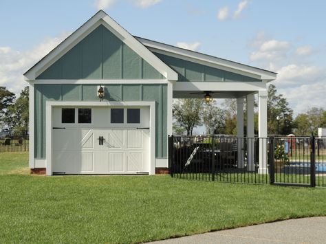 I'm thinking of this minus the pool area with the shed yellow to match our house. Shed Covered Porch, Backyard Garage And Patio, Pool House Garage Combo, Garage Pool House, Carport Design, Pool House Shed, Casa Garage, Garage Plans Detached, Garage Designs