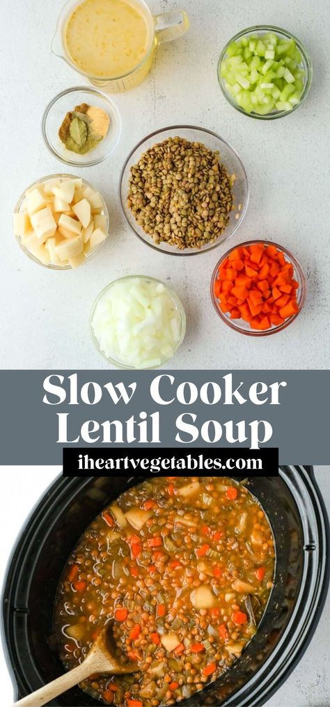 This hearty slow cooker lentil soup is filled with vegetables and packed with plant-based protein. This cozy soup is healthy comfort food at its finest and it’s so simple to make! One Pot Lentil And Vegetable Soup, Slow Cooker Vegetarian Soup Recipes, Lentil Soup With Sweet Potatoes, Lentil Recipes Soup Crockpot, Crock Pot Soup Vegetarian, Lentil Soup In Crockpot, Green Lentil Soup Crockpot, Mixed Lentil Soup, Lentil Soup Recipe Easy Crock Pot