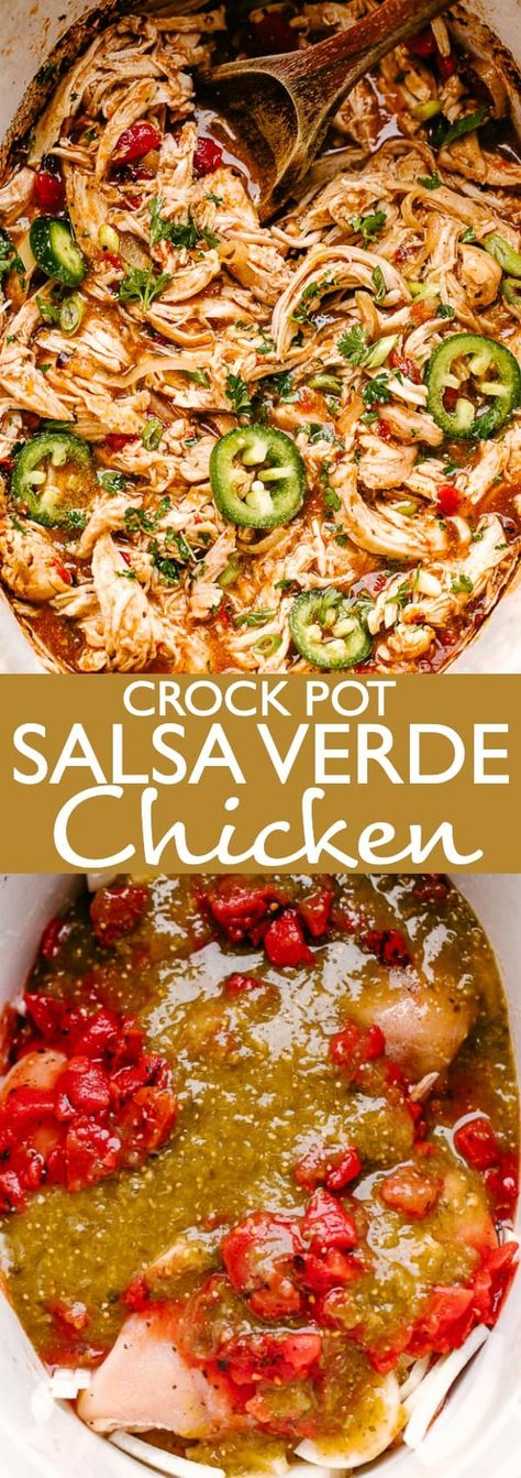 Easy Crock Pot Salsa Verde Chicken - Loaded with salsa verde and delicious tomatoes, this healthy crock pot chicken is incredibly flavorful and extremely easy to make. Just place it all in the crock pot and walk away. Healthy Crock Pot Chicken, Crock Pot Salsa, Salsa Verde Chicken Recipe, Healthy Crock Pot, Meals Crockpot, Beef Crockpot, Summer Crockpot, Crockpot Chicken Healthy, Verde Chicken