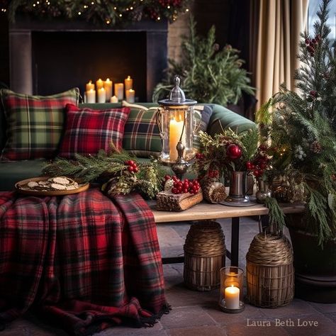 Dishfunctional Designs: Decorating With Christmas Tartans & Plaids For The Holidays Mixing Plaids For Christmas, Tartan Christmas Tree Ideas, Mountain Lodge Christmas Decor, Winter Wonderland House Decor, Tartan Plaid Christmas Decor, Scottish Christmas Tree, Christmas Cabin Decorating Ideas, Buffalo Plaid Christmas Table Decor, Scottish Hygge