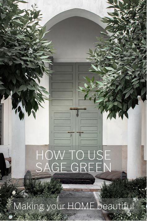 Sage Green is an on trend colour and is perfect to use for a front door on an otherwise neutral exterior. Dark Sage Green Front Door, How To Use Sage, Sage Green House, Colour Sage Green, Sage House, Dark Green Kitchen, Sage Green Paint, Green Shutters, Green Front Doors