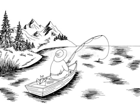 Fishing man in a boat graphic black white landscape sketch illustration vector royalty free illustration Fishing Lures Art, Lake Graphic, Black White Landscape, Black Boat, Boat Drawing, Drawn Fish, White Landscape, Landscape Sketch, 3d Sculpture