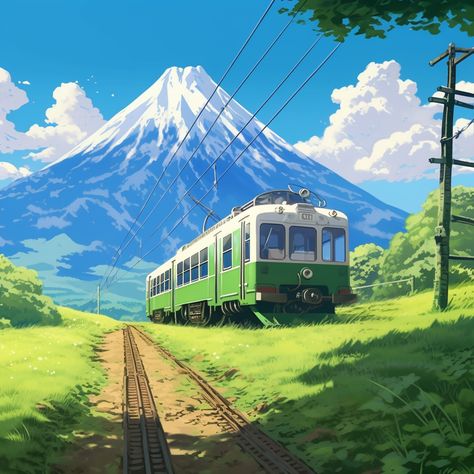 Anime In Train, Train Scene Anime, Green And Blue Asthetics, Studio Ghibli Background Art, Green Anime Scenery, Ghibli Style Background, Ghibli Style Landscape, Studio Ghibli Mountains, Anime Green Background