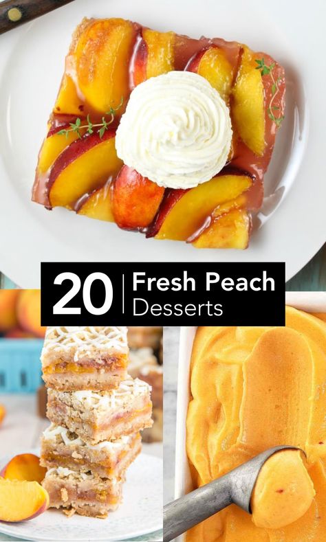 20 Fresh peach desserts that are perfect for Summer. Recipes including everything from cobblers, pies, ice cream and tarts! #PeachDesserts #Peach #SummerDesserts Fresh Peach Desserts, Peach Slab Pie, Peach Pie Bars, Easy Peach Pie, Peach Ice Cream Recipe, Peach Bread, Easy Peach Cobbler Recipe, Peach Dessert, Peach Dessert Recipes