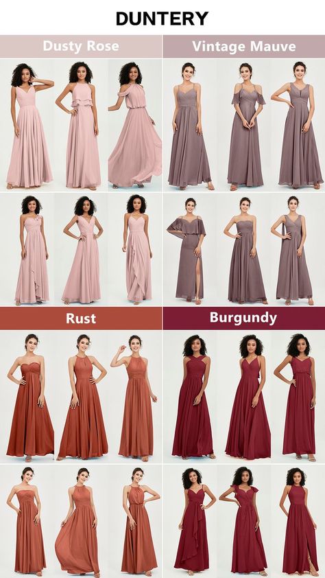 Bridesmaid Dresses Different Styles, Bridesmaid Dresses Different, Fall Bridesmaid Dress Colors, Bridesmaid Dress Color Schemes, Rust Color Dress, Mauve Bridesmaid, Mauve Bridesmaid Dress, Bridesmaids Jumpsuits, Rust Bridesmaid Dress