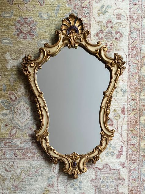 "This antique gold wood beveled mirror features beautiful detail and ornate style. The frame has decorative accents and is in very good vintage condition with light wear...some tiny chipped surface marks and discoloration. Strong and sturdy. The mirror glass is also in very good vintage condition with minor wear...very clean. Hooks and wiring on back for easy hanging. It will make the perfect addition to any room of the house... Approximate measurements: 19.5\" wide x 31\" tall x 2.5\" thick Fro Antique Mirror Frame Wood, Mirror Old Antique, Old Style Mirror, Mirror Vintage Aesthetic, Cottage Core Mirror, Victorian Mirror Frame, Bedroom Mirror Decor, Mirror Reference, Mirror Frame Design