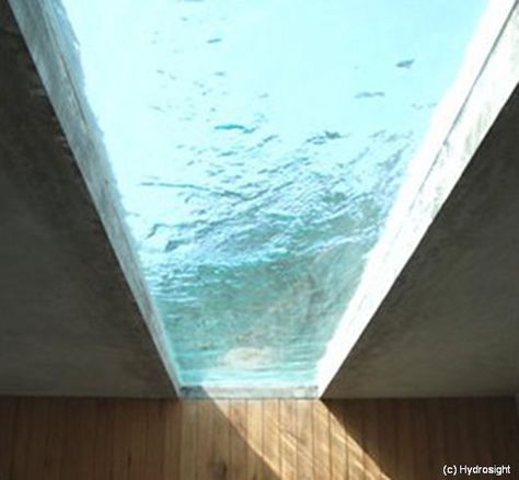 Submerged Skylight Windows. Installed on pool floors, underwater windows can transfer sunlight to the space underneath. This feature is especially popular with reflecting pools (shallow pools of water – not for swimming). Underwater Window, Mermaid Book, Interaktives Design, Pool Fitness, Casa Country, Reflecting Pool, Living Modern, Design Hotel, Pool Design