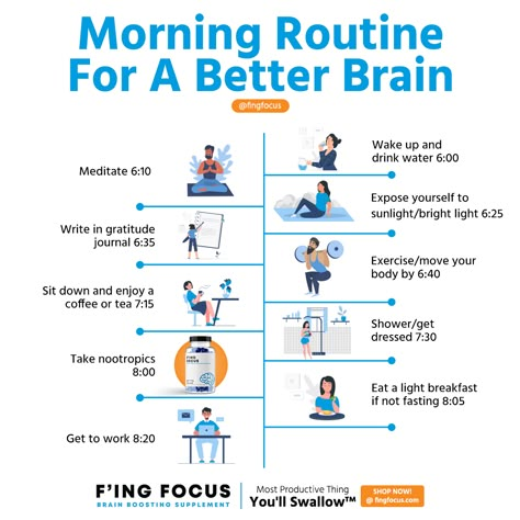 Morning Routine For A Better Brain  We have devised a great morning routine that can be great for your brain. It’ll help you stay focused, relaxed, and efficient.   Here is your new morning routine:  #focus #nootropic #nootropics #brainboost #timetofocus Brain Boost, Healthy Morning Routine, Personal Improvement, Healthy Brain, Improve Focus, Workout Moves, Move Your Body, Mental And Emotional Health, Self Care Activities