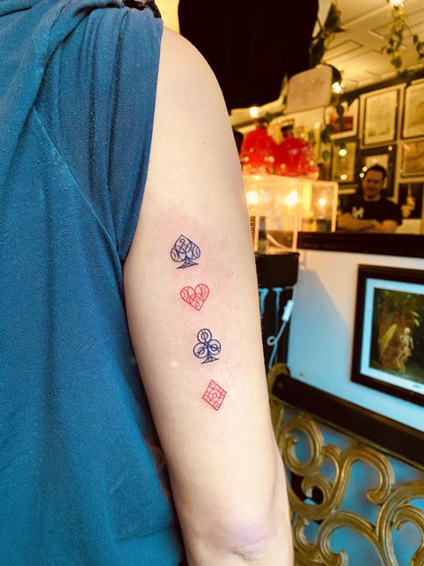 Card Suit Tattoo Female Four Suits Tattoo, Card Suites Tattoos, Card Symbol Tattoo Small, Poker Suits Tattoo, Worst Hand In Poker Tattoo, 4 Suits Of Cards Tattoo, Card Suits Tattoo Design, Card Tattoo Designs For Men, Card Deck Tattoo Design