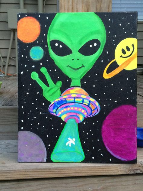 Alien UFO Painting - 16x20 Canvas from PsycadelicSam on Etsy. Saved to Things I… Spaceship Painting, Painting On Canvas Easy, Ufo Painting, Painting Trippy, Canvas Painting Easy, Alien Painting, Simple Mural, Trippy Painting, Hippie Painting