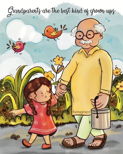 Indian Grandparents, Grandparents Day Crafts, Childhood Memories Art, Grand Parents, Indian Illustration, Kindergarden Activities, Miss Him, Sanya, Watercolor Paintings Tutorials