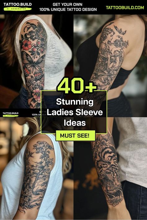 Ladies Sleeve Tattoo Ideas Gallery Unique Stylish Designs Women’s Upper Arm Wrap Tattoo, Body Art Tattoos Female Sleeve, Dark Floral Sleeve Tattoos For Women, Womens Full Sleeve Tattoo Ideas, Top Arm Sleeve Tattoo Women, Badass Sleeve Tattoos For Women, Shoulder Tats For Women Half Sleeves, Sleeve Ideas Women, Shoulder Sleeve Tattoos For Women Unique