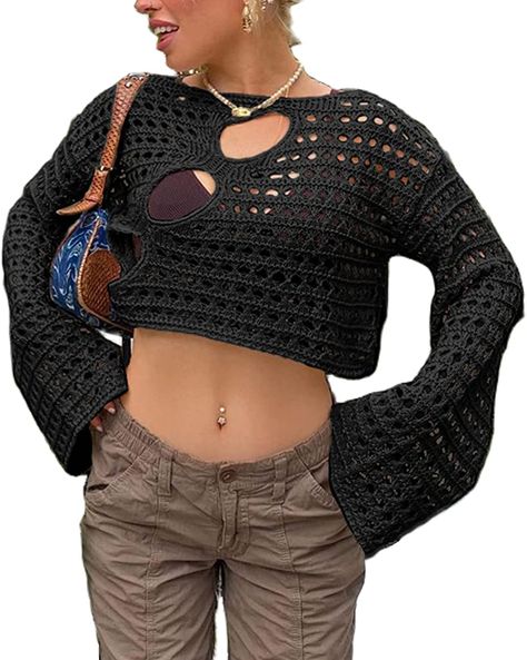 Distressed Crochet, Retro Streetwear, Smock Top, Y2k Clothes, Looks Black, Cropped Tops, Knit Crop Top, Spice Girls, Knit Crop