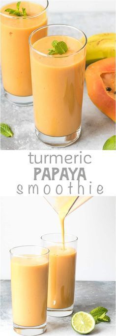 Creamy, Healing, Clean Turmeric Papaya Smoothie - an amazing combination of flavors makes this healthy drink super delicious. Smoothie Kale, Papaya Smoothie, Nutrient Packed Smoothies, Resep Smoothie, Turmeric Smoothie, Smoothie Detox, Healthy Breakfast Smoothies, Ginger Turmeric, Makanan Diet