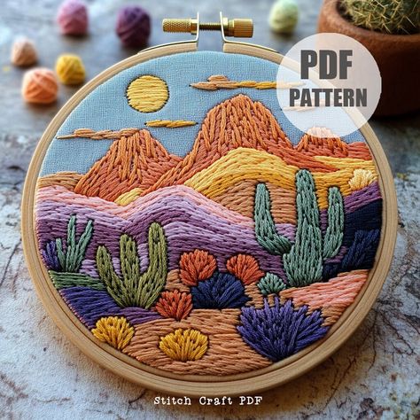 Desert Mountain Sunrise, Cactus Hand Embroidery Pattern, Instant Download, Beginner Friendly, Southwest Desert Cactus, Home decor , Hoop Art by StitchCraftPDF on Etsy Desert Embroidery Pattern, Desert Embroidery, Mountain Embroidery, Cactus Home Decor, Cactus Embroidery, Mountain Sunrise, Colorado Landscape, Beautiful Desert, Desert Scene