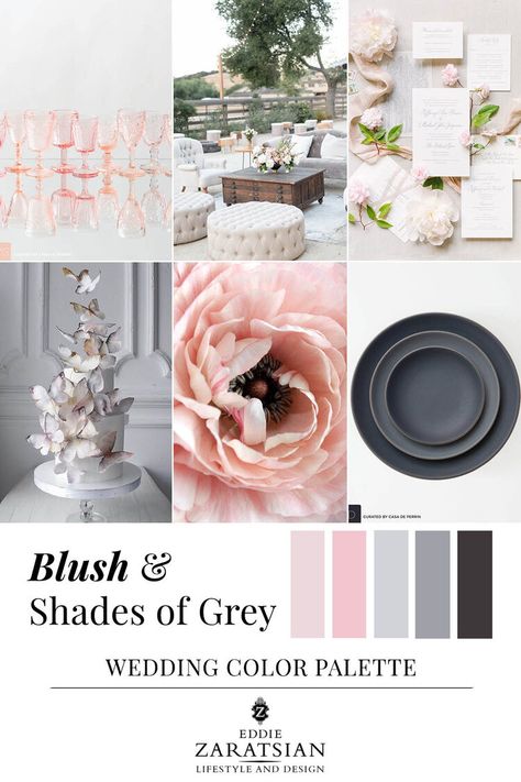 Blush and grey wedding color palette inspiration - Eddie Zaratsian Lifestyle and Design Blush Wedding Palette, Pink Wedding Palette, Blush And Grey Wedding, Wedding Lounge Area, Elegant Wedding Colors, Gray Wedding Colors, Early Fall Weddings, Blush Wedding Colors, Pink Wedding Colors