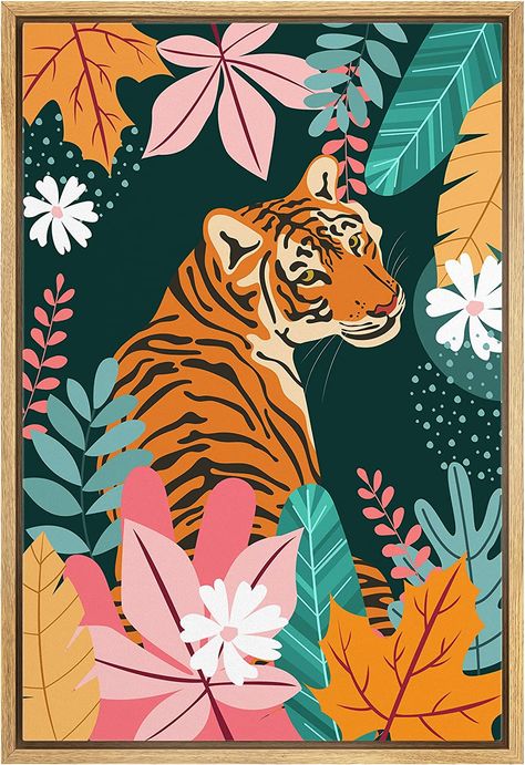 IDEA4WALL Framed Canvas Print Wall Art Preppy Room Decor Jungle Flower Tiger Cat Teen Girls Wall Decor Decorative Modern Art Colorful Multicolor for Living Room, Bedroom, Office - 16"x24" Natural Wall Art Preppy, Animal Abstract, Tiger Cat, Art Preppy, Girls Wall Decor, Preppy Room Decor, Jungle Green, Preppy Room, Teen Girls