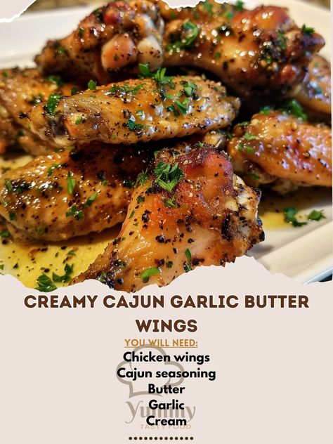 🍗 Indulge in our Creamy Cajun Garlic Butter Wings! 🌶️ #WingNight Creamy Cajun Garlic Butter Wings Ingredients: Chicken wings (2 lbs) Cajun seasoning (2 tbsp) Butter (1/4 cup) Garlic, minced (2 tbsp) Cream (1/2 cup) Parsley, chopped (1 tbsp) Instructions: Season wings with Cajun spice and bake at 400°F for 45 minutes. Melt butter, add garlic, cream, and parsley. Toss baked wings in sauce. 🍴 Savor the bold flavors of our Creamy Cajun Garlic Butter Wings! #CajunWings #GameDayEats Creamy Cajun Chicken Wings, Creamy Cajun Garlic Butter Wings, Wing Flavors Sauces, Cajun Wings, Butter Chicken Sauce, Garlic Chicken Wings, Cajun Spice, Baked Wings, Smothered Chicken