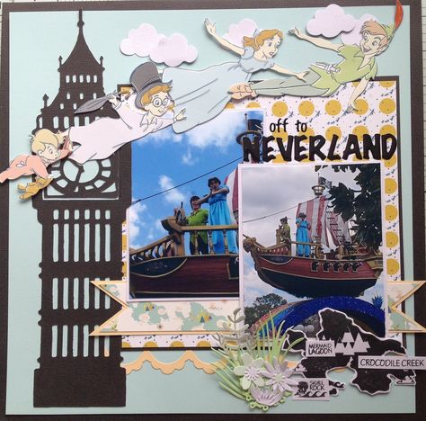 Off to Neverland - Project Idea - Scrapbook.com Disney Scrapbook Page Ideas, Disney Scrapbooking Layouts Cricut, Disney Parade Scrapbook Ideas, Disney Scrapbooking Ideas, Disneyland Scrapbook Ideas, Magic Kingdom Scrapbook Layouts, Disney Scrapbooking Layouts Ideas, Disney Scrapbook Ideas, Disneyworld Scrapbook