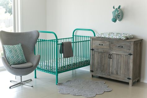 declan styled room (900 x 600) Iron Crib, Metal Crib, Driftwood Furniture, Leather Chairs, Baby Cot, Baby's Room, Nursery Inspiration, Baby Crib, Room Accessories