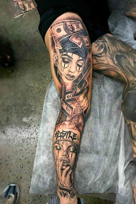 Surprise everyone with a chic tattoo on your leg! We've collected 50+ of the most unique and trendy male leg tattoo ideas and divided them into 9 groups. Tattoo Bein Frau, Leg Tattoos For Men, Thigh Piece Tattoos, Thigh Tattoo Men, Leg Tattoo Ideas, Tattoo Ideas Males, Side Thigh Tattoos, Best Leg Tattoos, Chicano Tattoos Sleeve