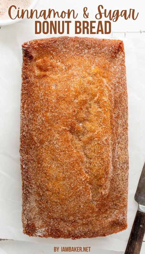 A loaf of bread coated in cinnamon and sugar. Cinnamon Sugar Bread, Donut Bread, Cinnamon Loaf, Breakfast Baking, Cinnamon Bread Recipe, Cinnamon Breakfast, Sugar Bread, Cinnamon Donuts, Loaf Cakes