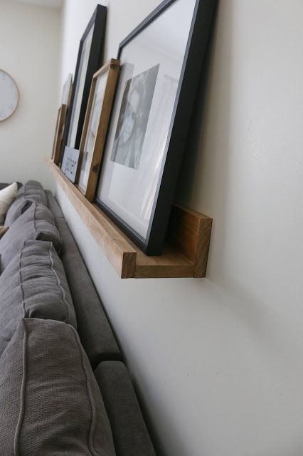 Build Picture Ledge, Diy Floating Ledge Shelves, Floating Shelf For Pictures, Art Shelf Above Bed, Simple Picture Ledge, Diy Wood Ledge Shelf, Diy Picture Rail Shelf, Picture Ledge Diy Floating Shelves, Ledge Picture Shelves