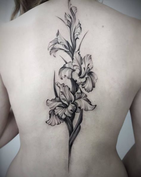 Iris (faith, trust, wisdom, hope, valor) Gladiolus Flower Tattoos, Tattoo Lower Back, Iris Flower Tattoo, Iris Goddess, Gladiolus Tattoo, Purple Tattoos, Iris Tattoo, Flower Tattoo Meanings, Goddess Tattoo