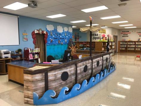 Ocean Theme Library, Pirate Book Fair Theme, Boat Classroom Theme, Library Ocean Theme, Under The Sea Library Theme, Pirate Book Fair, Under The Sea Book Fair, Ocean Theme School, Pirate Office