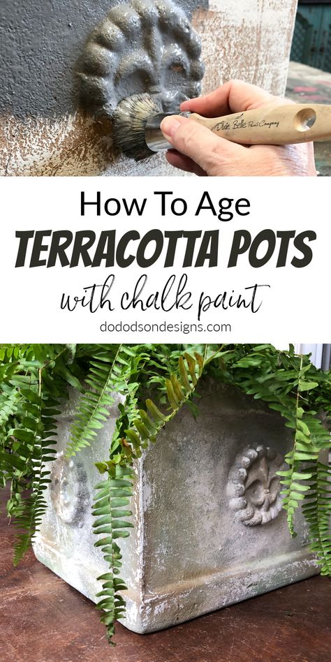 Chalk Paint Pots Terra Cotta, How To Make Terracotta Pots Look Old, Aged Terracotta Pots, How To Paint Mud Pots, Chalk Paint Terra Cotta Pots, Diy Aged Terra Cotta Pots, Aged Look With Chalk Paint, Chalk Paint Pots, Aging Terra Cotta Pots Diy