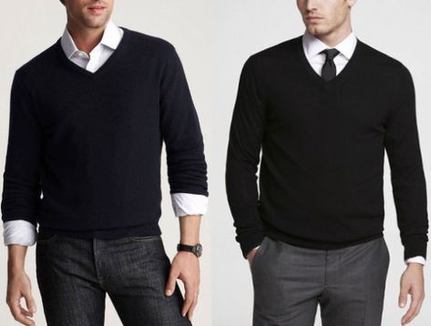 The Dos and Don'ts of Wearing a V-Neck Sweater | The Art of Manliness Sweater Over Dress Shirt, Sweater With Dress, Sweater Over Dress, V Neck Sweater Dress, Sweater Outfits Men, Mens Fashion Sweaters, Dress Shirt And Tie, Mens Fashion Blazer, Over Dress