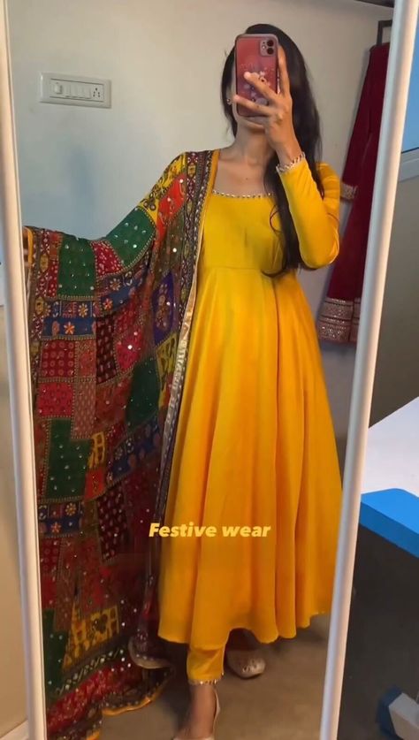 Silk Anarkali Gown, Long Anarkali Dress, Mirror Lace, Fancy Dupatta, Yellow Anarkali, Silk Anarkali Suits, Haldi Function, Sleevless Dress, Long Anarkali