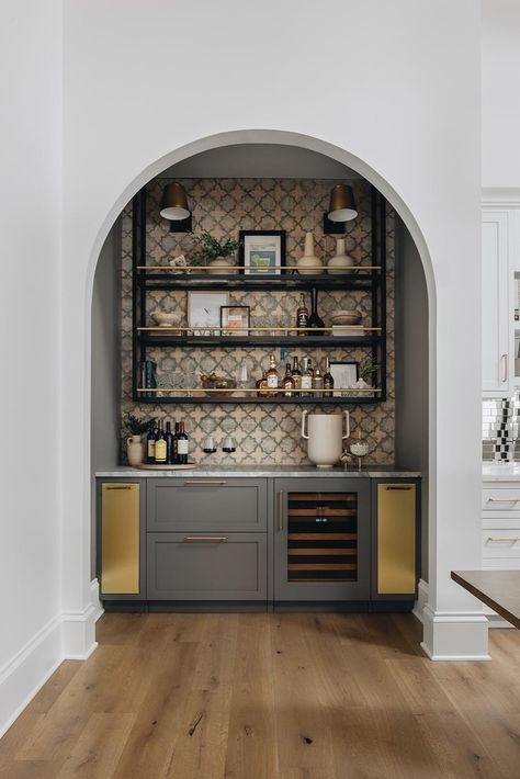 Spanish Style Wet Bar, Bar Alcove, Grey Grasscloth Wallpaper, Wet Bar Cabinets, Bar Nook, Cabinet Door Designs, Bar Cabinets, Bar Shelves, Built In Bar