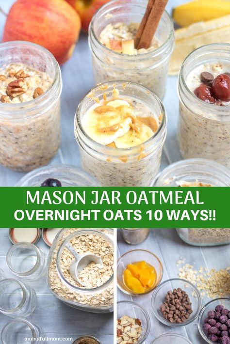 Overnight Oats are one of the easiest and healthiest breakfast recipes. Overnight oats in a jar are an easy make-ahead breakfast that can be customized to fit any dietary restrictions and made to please the pickiest of eaters! #masonjaroatmeal #oatmeal #breakfast #glutenfree #oats #overnightoats via @amindfullmom Jar Oatmeal Overnight, Mason Jar Oatmeal Overnight, Boujee Breakfast, Breakfast Recipes Overnight, Oatmeal Overnight Oats, Recipes Overnight Oats, Mason Jar Oatmeal, Overnight Oats Healthy Clean Eating, Oatmeal Overnight